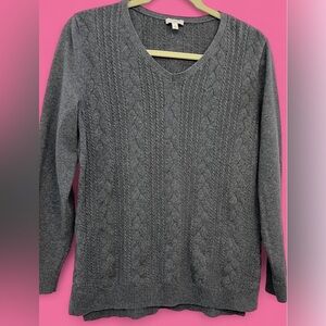 Talbots Grey Cotton Cable Knit V-Neck Sweater